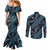 Indonesia Batik Pattern Couples Matching Mermaid Dress and Long Sleeve Button Shirt Blue Version