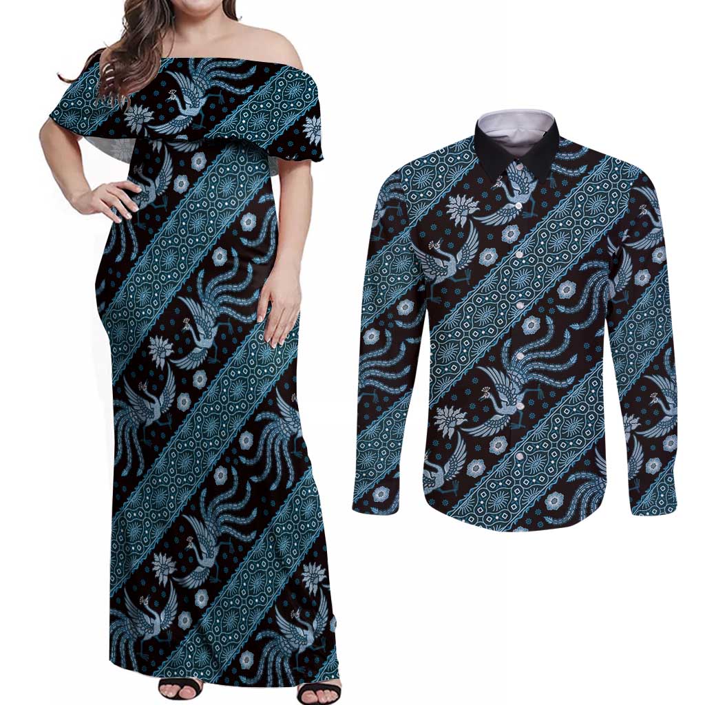 Indonesia Batik Pattern Couples Matching Off Shoulder Maxi Dress and Long Sleeve Button Shirt Blue Version - Wonder Print Shop