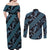 Indonesia Batik Pattern Couples Matching Off Shoulder Maxi Dress and Long Sleeve Button Shirt Blue Version - Wonder Print Shop