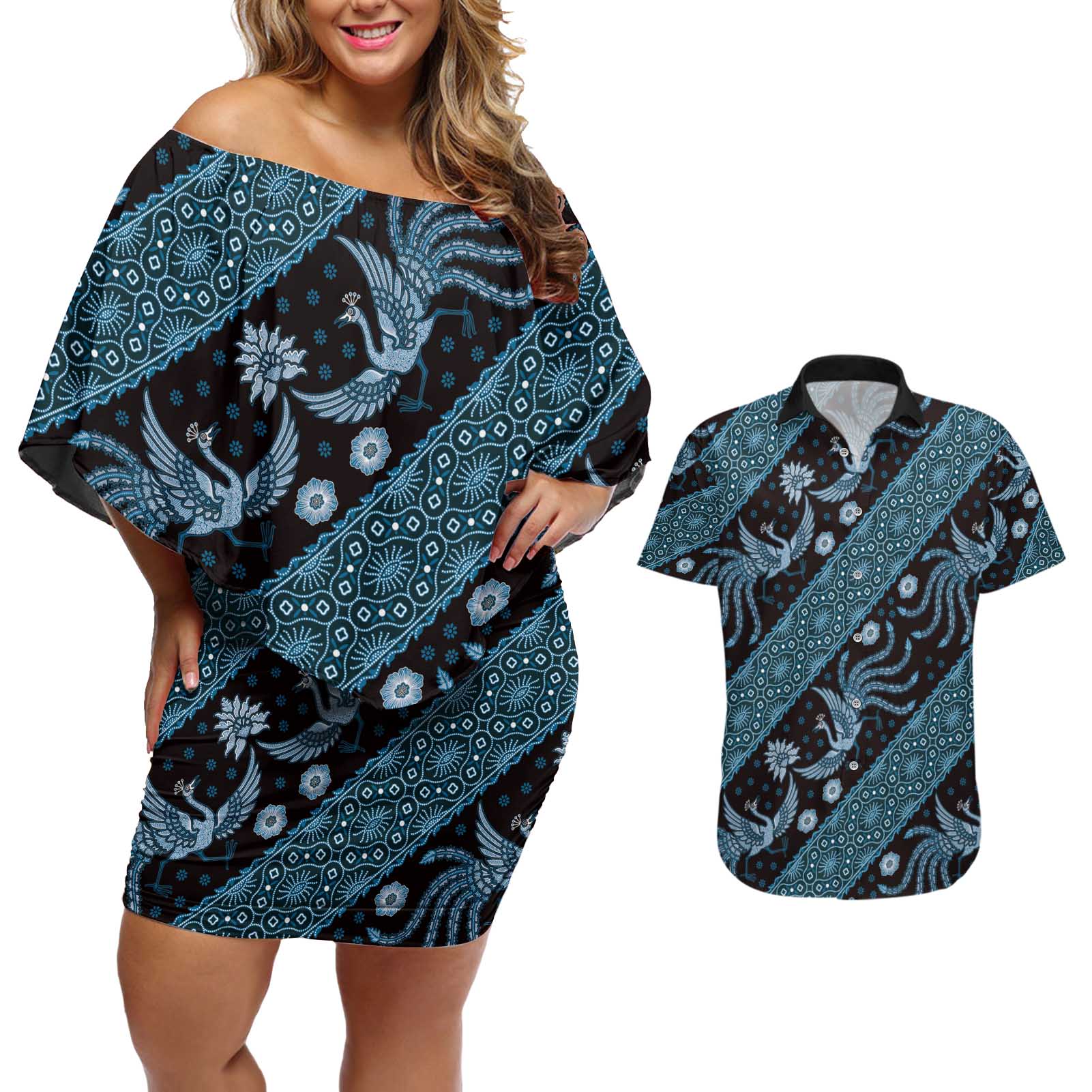 Indonesia Batik Pattern Couples Matching Off Shoulder Short Dress and Hawaiian Shirt Blue Version - Wonder Print Shop