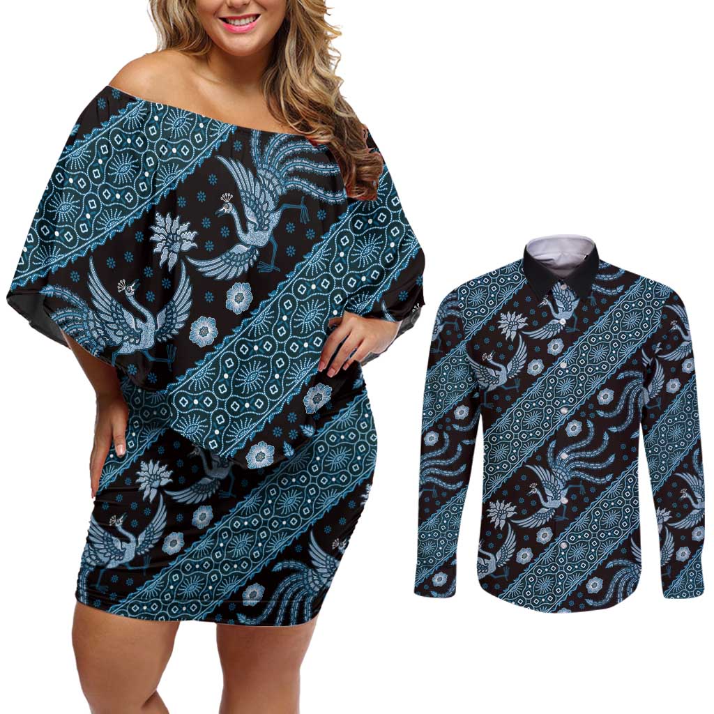 Indonesia Batik Pattern Couples Matching Off Shoulder Short Dress and Long Sleeve Button Shirt Blue Version - Wonder Print Shop