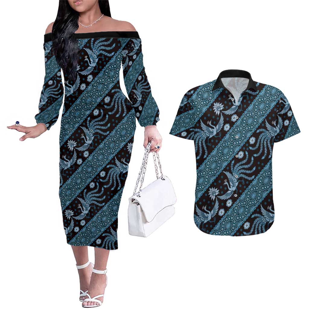 Indonesia Batik Pattern Couples Matching Off The Shoulder Long Sleeve Dress and Hawaiian Shirt Blue Version - Wonder Print Shop