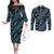 Indonesia Batik Pattern Couples Matching Off The Shoulder Long Sleeve Dress and Long Sleeve Button Shirt Blue Version