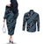 Indonesia Batik Pattern Couples Matching Off The Shoulder Long Sleeve Dress and Long Sleeve Button Shirt Blue Version