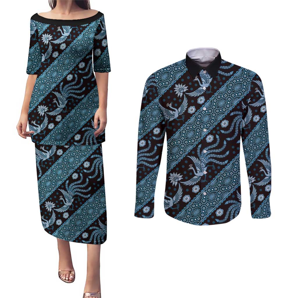 Indonesia Batik Pattern Couples Matching Puletasi and Long Sleeve Button Shirt Blue Version - Wonder Print Shop