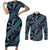 Indonesia Batik Pattern Couples Matching Short Sleeve Bodycon Dress and Long Sleeve Button Shirt Blue Version - Wonder Print Shop