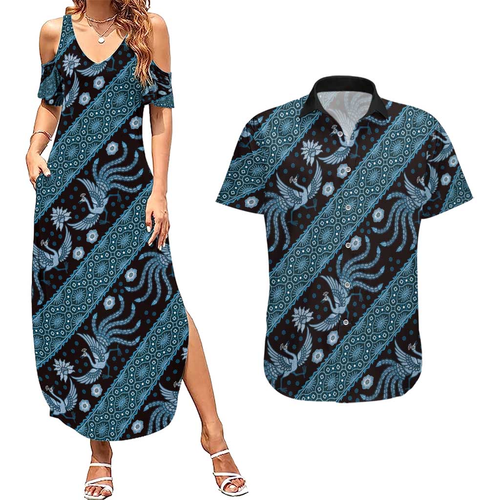 Indonesia Batik Pattern Couples Matching Summer Maxi Dress and Hawaiian Shirt Blue Version - Wonder Print Shop