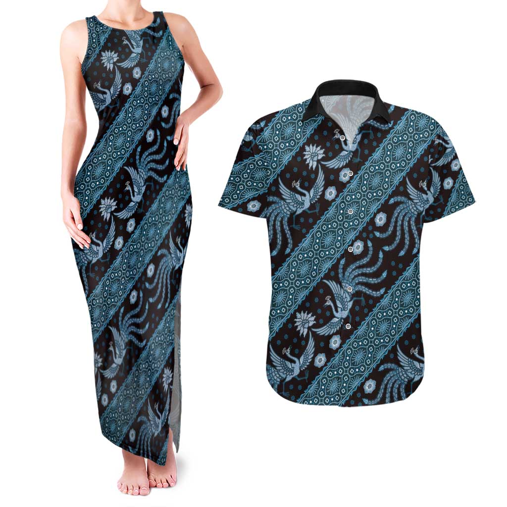 Indonesia Batik Pattern Couples Matching Tank Maxi Dress and Hawaiian Shirt Blue Version - Wonder Print Shop