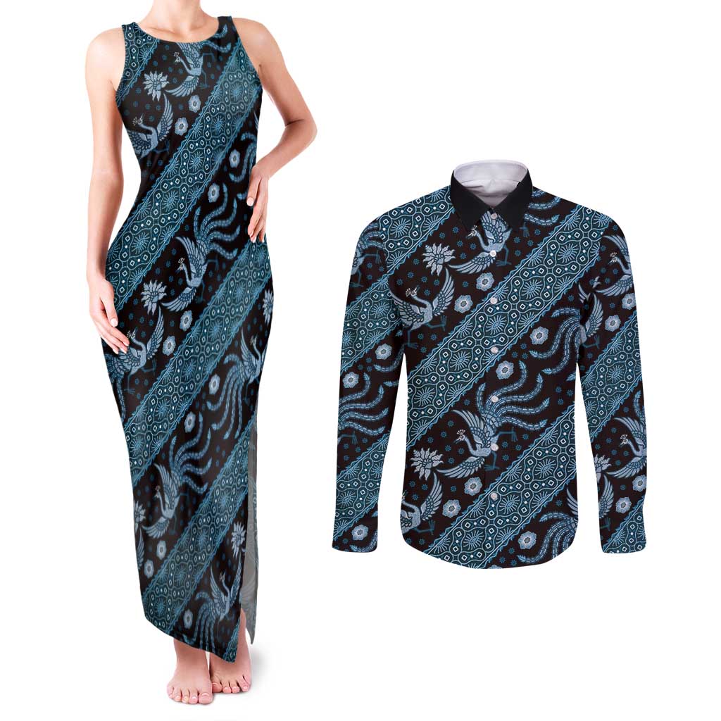 Indonesia Batik Pattern Couples Matching Tank Maxi Dress and Long Sleeve Button Shirt Blue Version - Wonder Print Shop