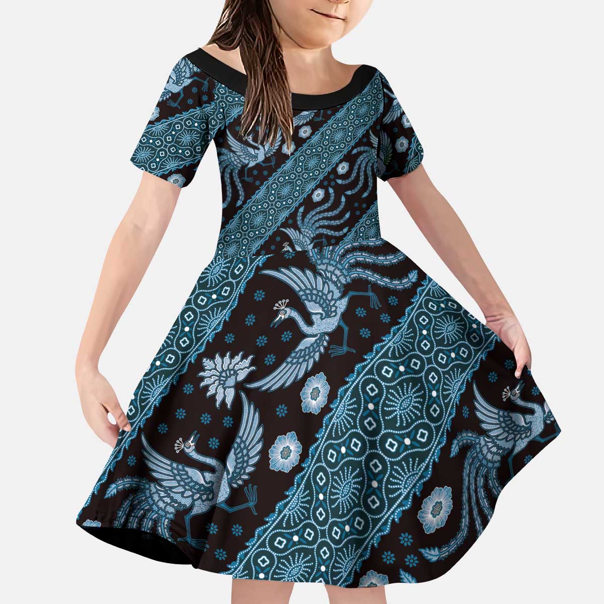 Indonesia Batik Pattern Kid Short Sleeve Dress Blue Version - Wonder Print Shop