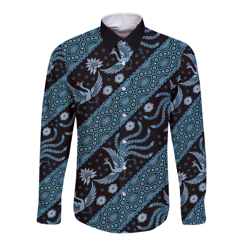 Unisex batik long-sleeve button-up shirt, dark blue with teal geometric and bird motifs