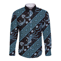 Unisex batik long-sleeve button-up shirt, dark blue with teal geometric and bird motifs