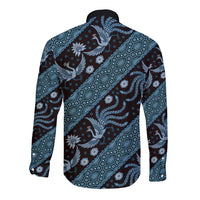 Unisex batik long-sleeve shirt with stand collar, dark blue and teal floral pattern