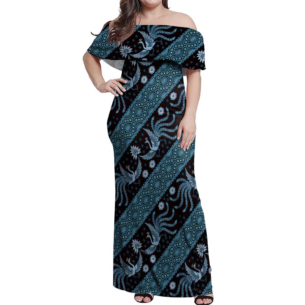 Indonesia Batik Pattern Off Shoulder Maxi Dress Blue Version - Wonder Print Shop