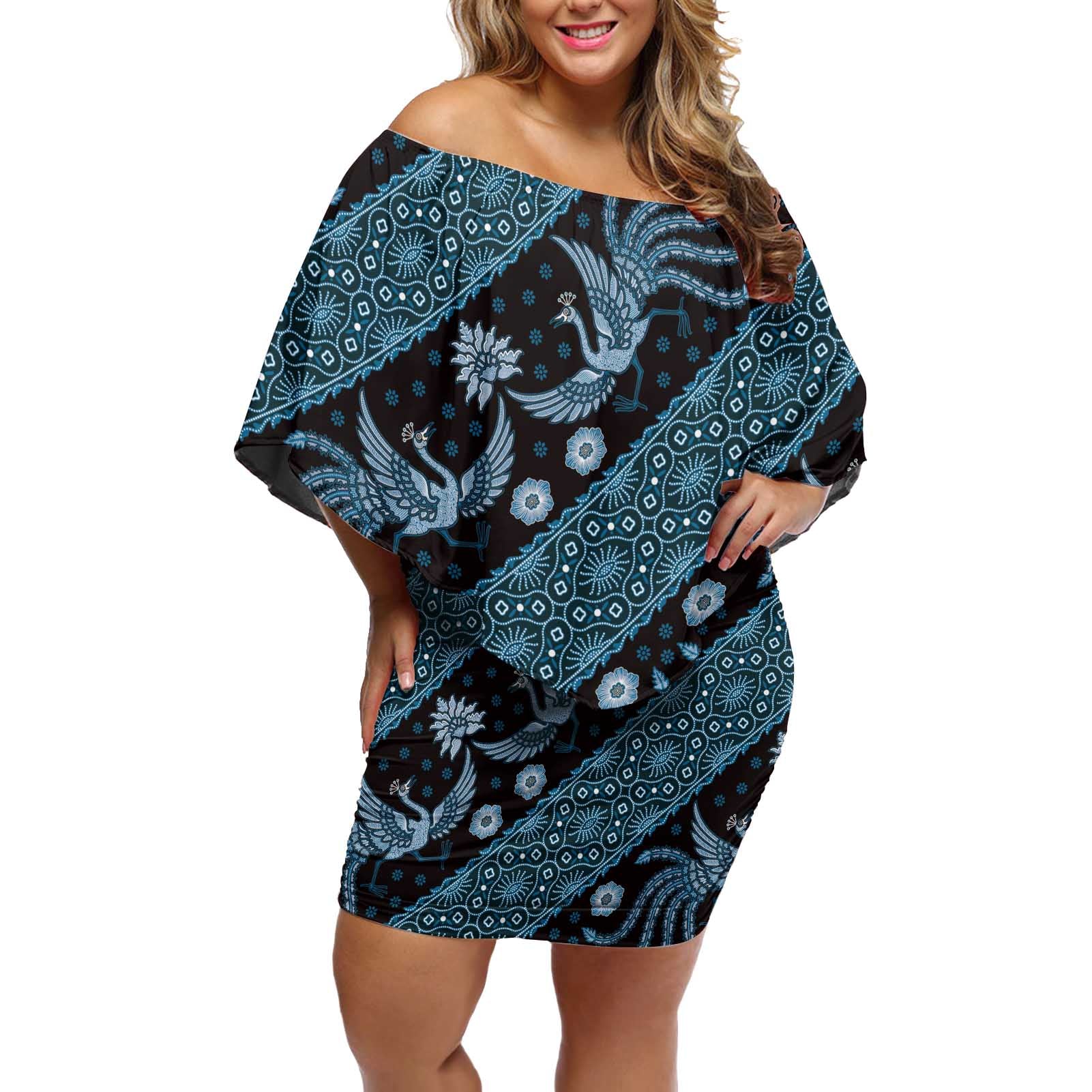 Indonesia Batik Pattern Off Shoulder Short Dress Blue Version - Wonder Print Shop