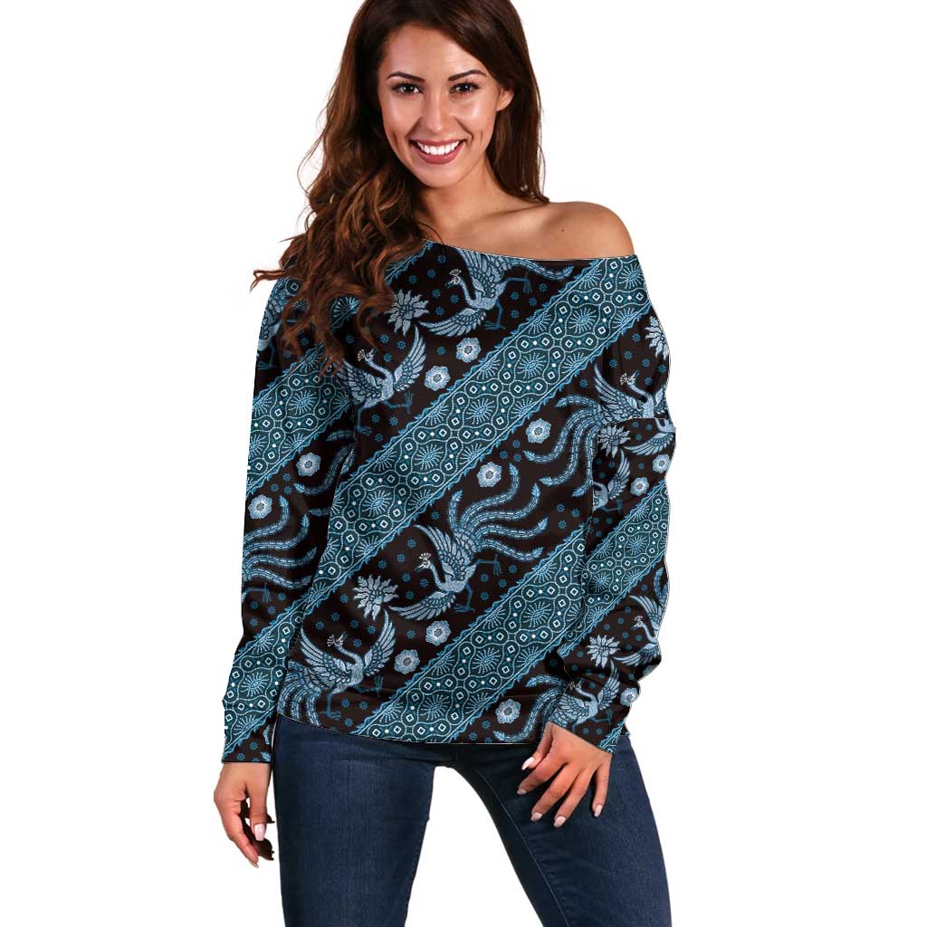 Indonesia Batik Pattern Off Shoulder Sweater Blue Version - Wonder Print Shop