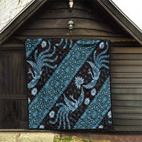 Blue batik pattern quilt panel with dragon and geometric floral print, rectangular