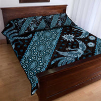 Blue batik quilt bed set with bird and floral motifs, duvet cover with coordinating pillow