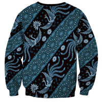 Crewneck sweatshirt with dark and blue batik-style elephant pattern, full back view