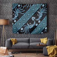 Blue batik pattern tapestry with swirling bird and floral motifs in diagonal stripe layout
