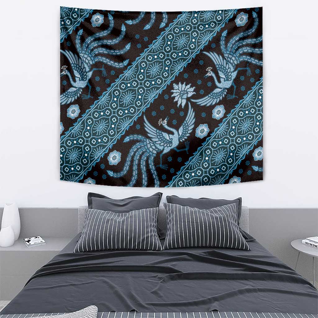 Blue batik pattern tapestry with bird figure and floral motifs, bordered patterned edge