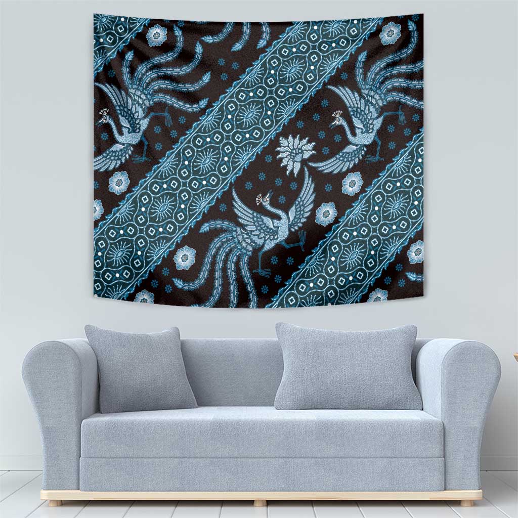Blue batik pattern tapestry featuring detailed bird and flower motifs in diagonal rows