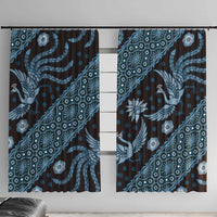 Blue batik-pattern window curtain panels with decorative bird and floral motifs