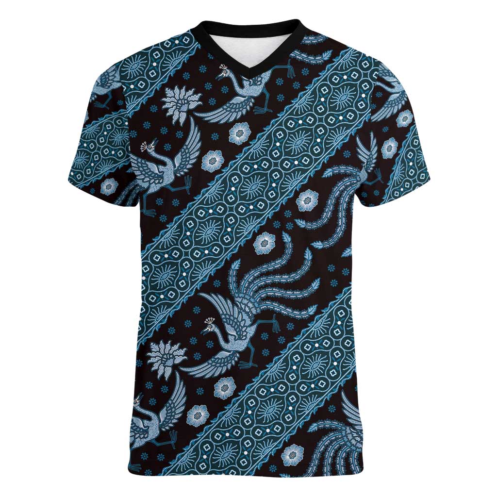 Indonesia Batik Pattern Women V-Neck T-Shirt Blue Version - Wonder Print Shop