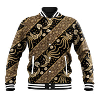 Gold batik pattern baseball jacket, black with ornate gold motifs, striped rib collar cuffs