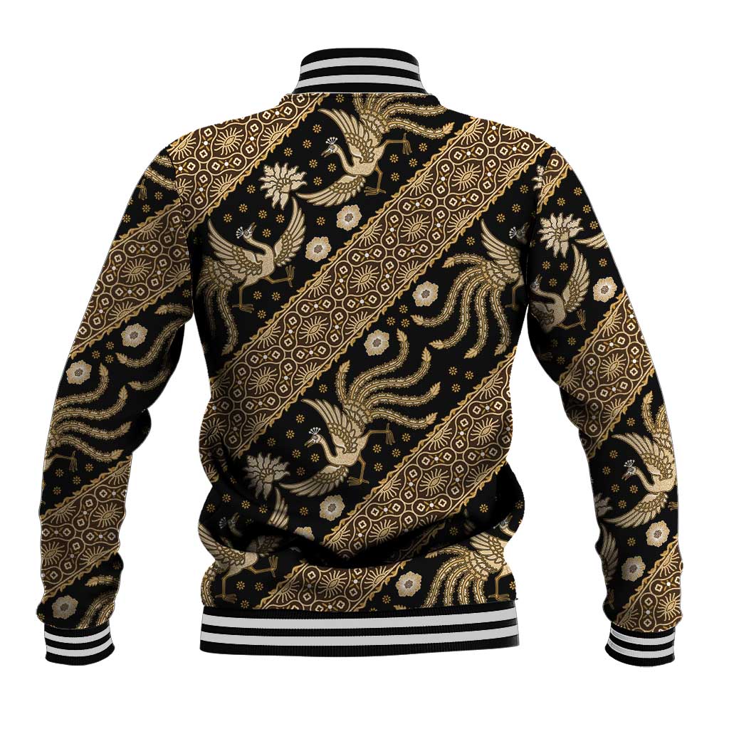 Gold batik pattern baseball jacket back view, black with gold motifs and striped rib trim