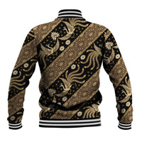 Gold batik pattern baseball jacket back view, black with gold motifs and striped rib trim