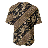 Indonesian batik pattern baseball jersey with gold and brown back print, bird and floral motifs