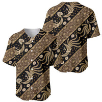 Indonesian batik pattern baseball jersey with gold bird and floral motifs, button placket