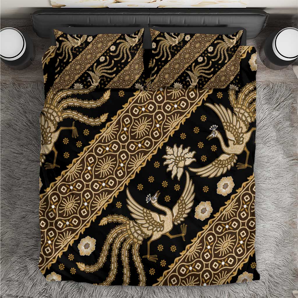 Batik bedding set duvet cover with dark fabric and gold bird and floral pattern