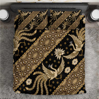 Batik bedding set duvet cover with dark fabric and gold bird and floral pattern