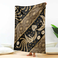 Batik throw blanket, dark with gold pattern and bird and floral motifs