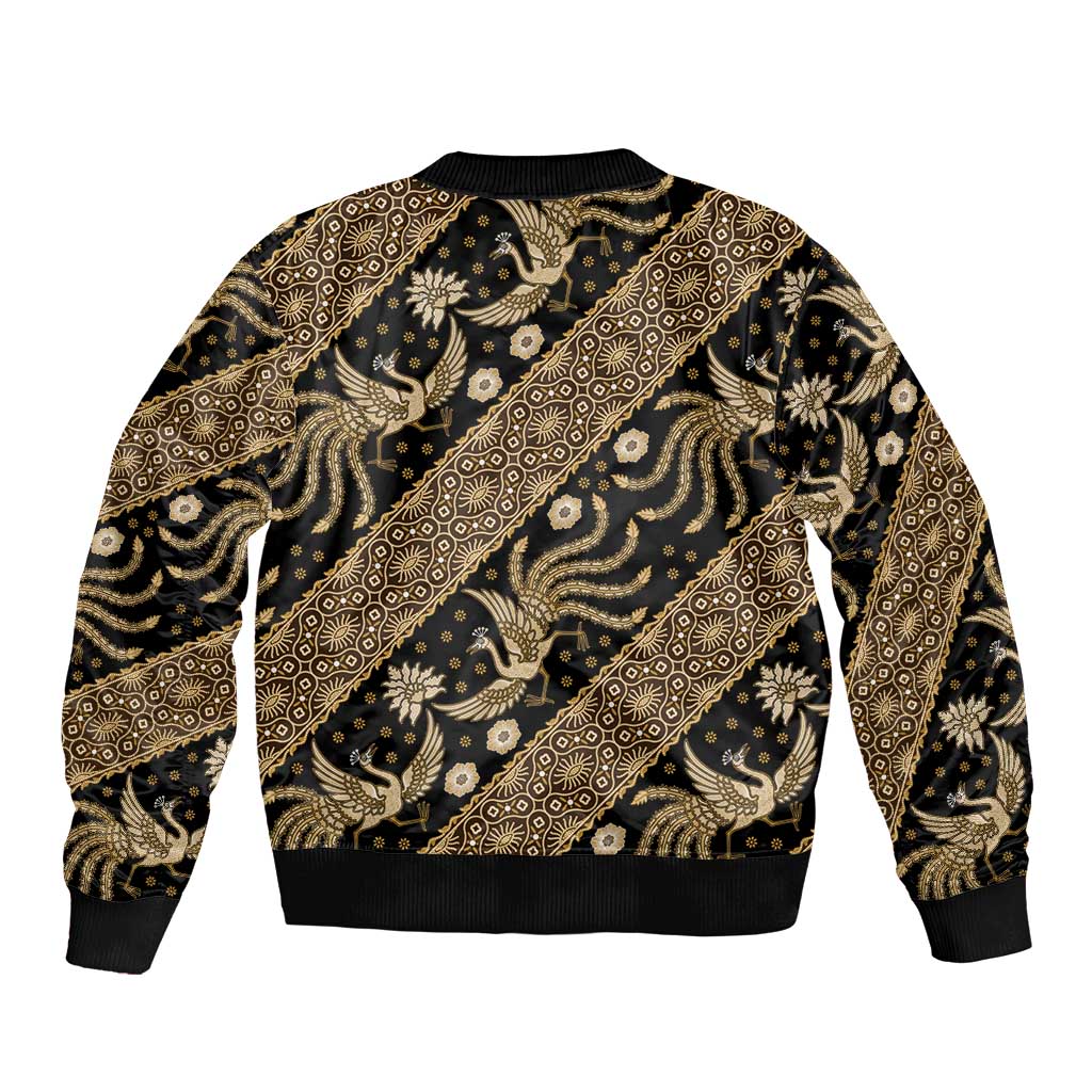 Unisex bomber jacket with gold batik print, ribbed collar, cuffs, and hem