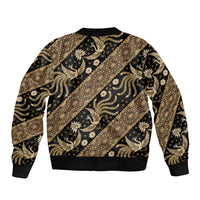 Unisex bomber jacket with gold batik print, ribbed collar, cuffs, and hem