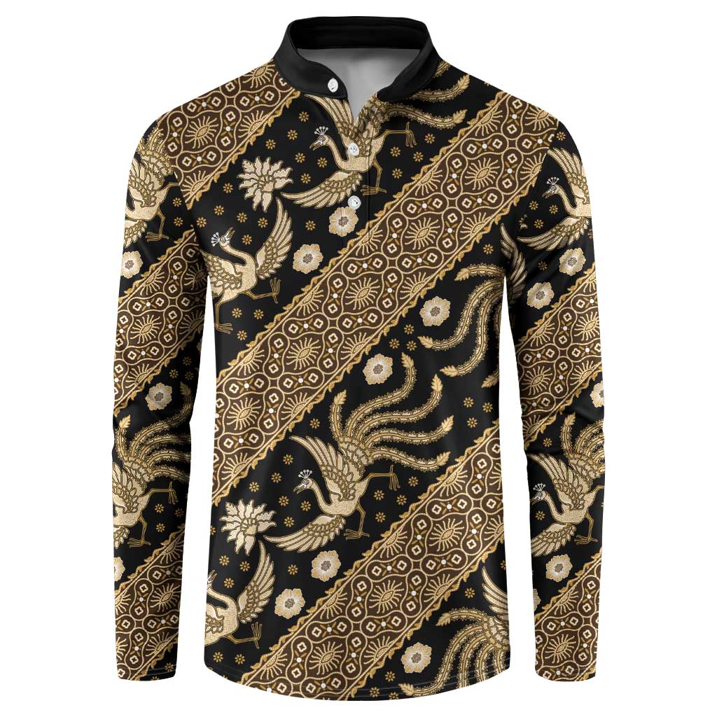 Black and gold batik button-up sweatshirt, long sleeves, contrast collar