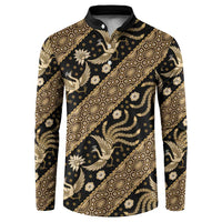 Black and gold batik button-up sweatshirt, long sleeves, contrast collar