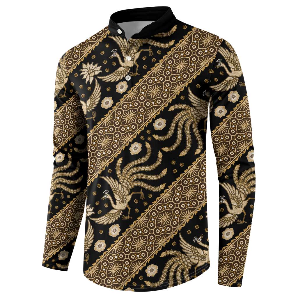 Black and gold batik button-up sweatshirt, front view with patterned button placket