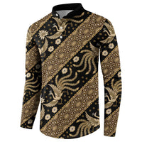 Black and gold batik button-up sweatshirt, front view with patterned button placket