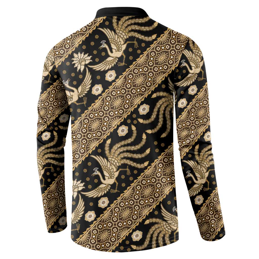 Black and gold batik button-up sweatshirt, back view with full printed panel