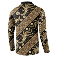 Black and gold batik button-up sweatshirt, back view with full printed panel