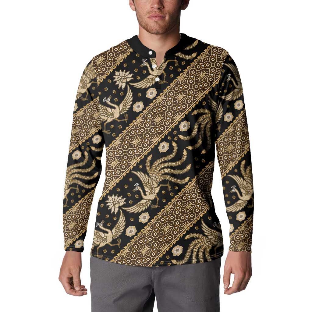 Black and gold batik button-up sweatshirt with button placket, long sleeves