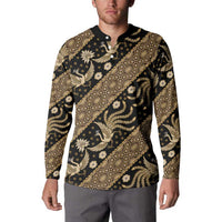 Black and gold batik button-up sweatshirt with button placket, long sleeves