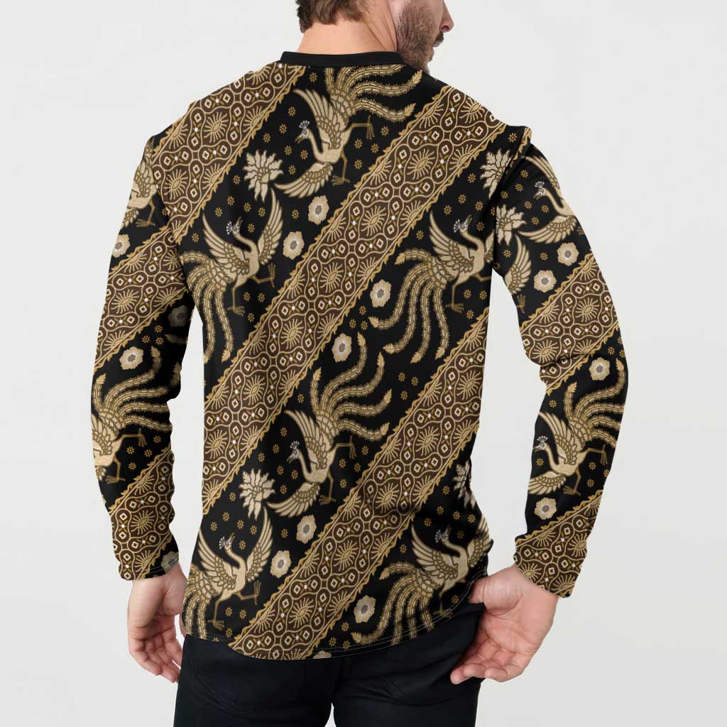 Black and gold batik button-up sweatshirt, back view with full printed pattern