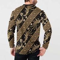 Black and gold batik button-up sweatshirt, back view with full printed pattern