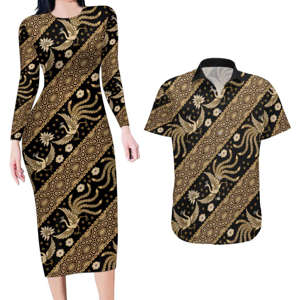 Indonesia Batik Pattern Couples Matching Long Sleeve Bodycon Dress and Hawaiian Shirt Gold Version - Wonder Print Shop