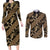 Indonesia Batik Pattern Couples Matching Long Sleeve Bodycon Dress and Long Sleeve Button Shirt Gold Version - Wonder Print Shop